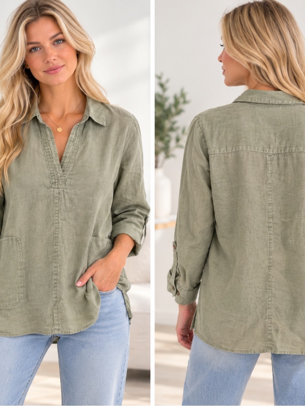 J. Jill Love Linen Relaxed Collared Tunic Top in Sage